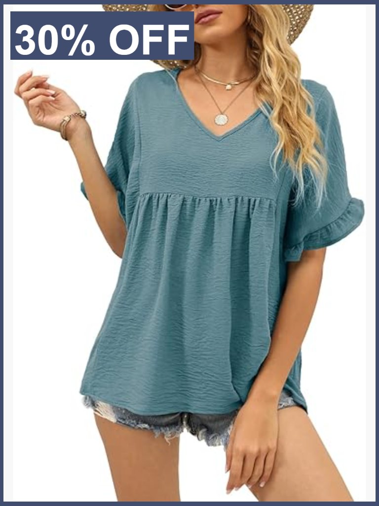 Womens V Neck Babydoll Peplum Top With Ruffle Sleeves Loose Fit Summer Blouse